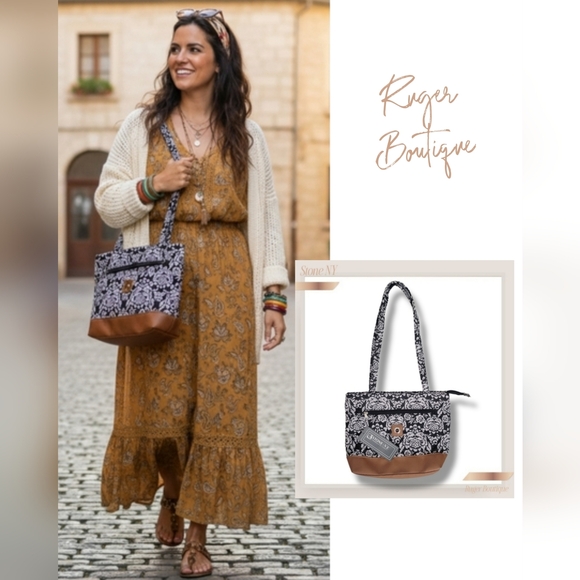 Roma Handbags - 🌿Stone Mountain NY Quilted Floral Tote Bag NWT Black Tan Boho Chic Shoulder Bag
